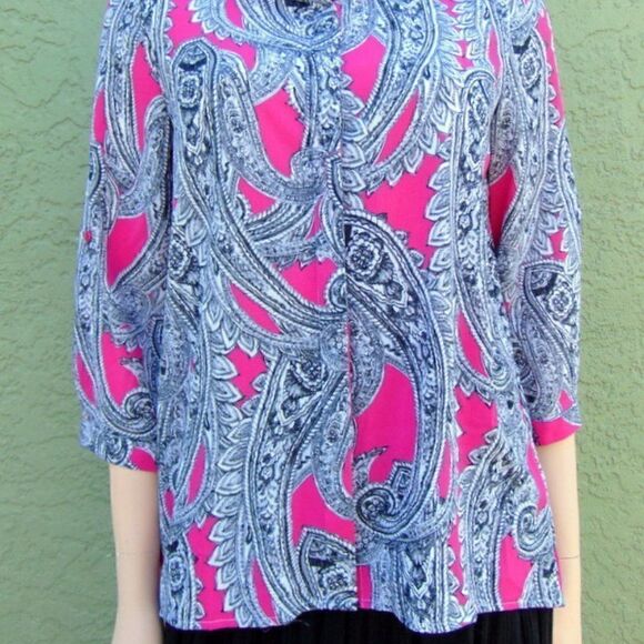 EUC INVESTMENTS Black, White & Pink  Paisley Violated Long Sleeve Shirt Petite S - Picture 2 of 15